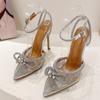 Liyke Size 42 Sexy Crystal Transparent Female Pumps Thin High Heels Fashion Bowknot Pointed Toe Ankle Strap Sandals Women Shoes