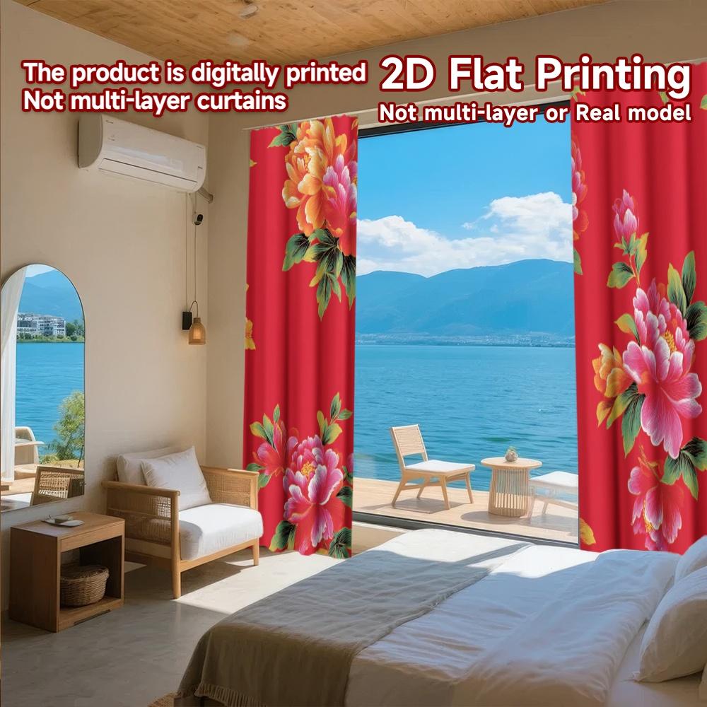 Set Of 2 Flat Printing Curtains Without Rod Floral Pattern Red Valentine Is Day Festival Popular Drapes Versatile Made Polyester