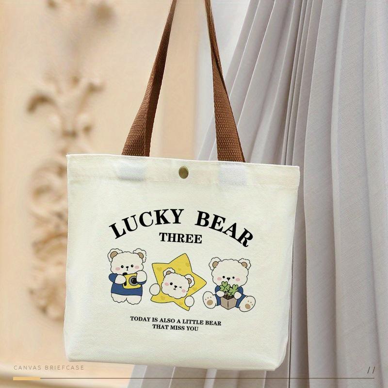 1pc Lucky Bear Tote Bag Cute Cartoon Design Durable Beige Lunch Bag with Snap Closure for Women, Students, Everyday Use & Picnics