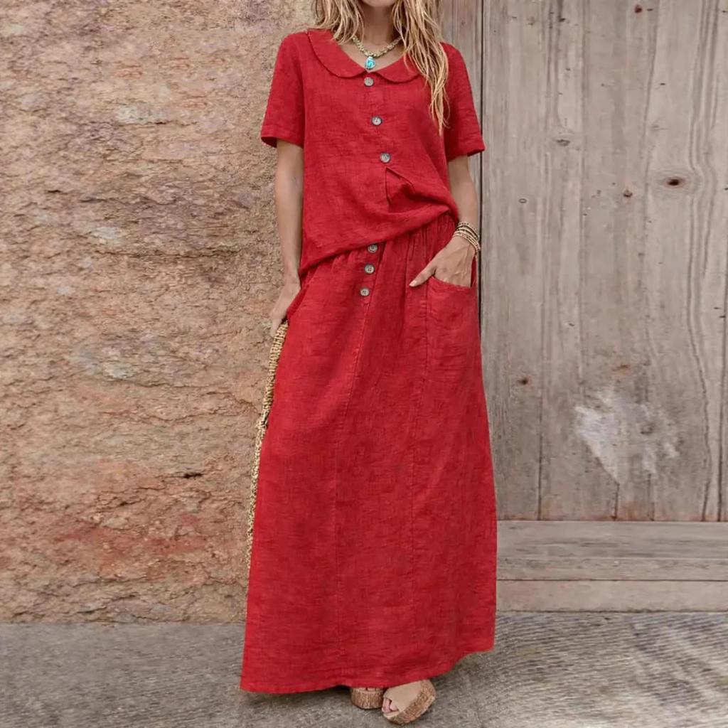 Women's Fashionable Loose-Fit Cotton-Linen Blend Top And Skirt Two-Piece Casual Set