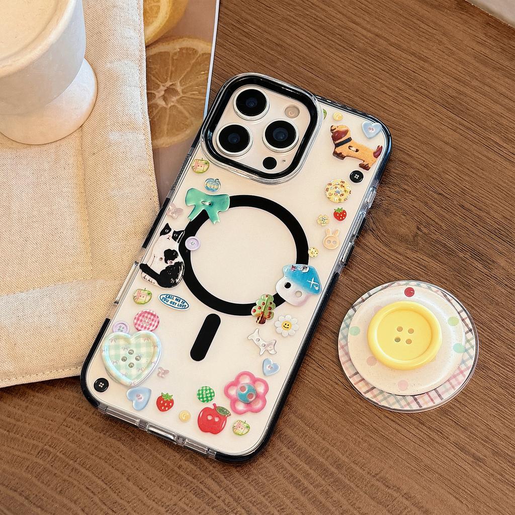 Three Dimensional Button 16Promax Flash Powder Magnetic Suction Bracket IPhone 15 Mobile Phone Case 14 Suitable for 13 Cartoon Doodles 11