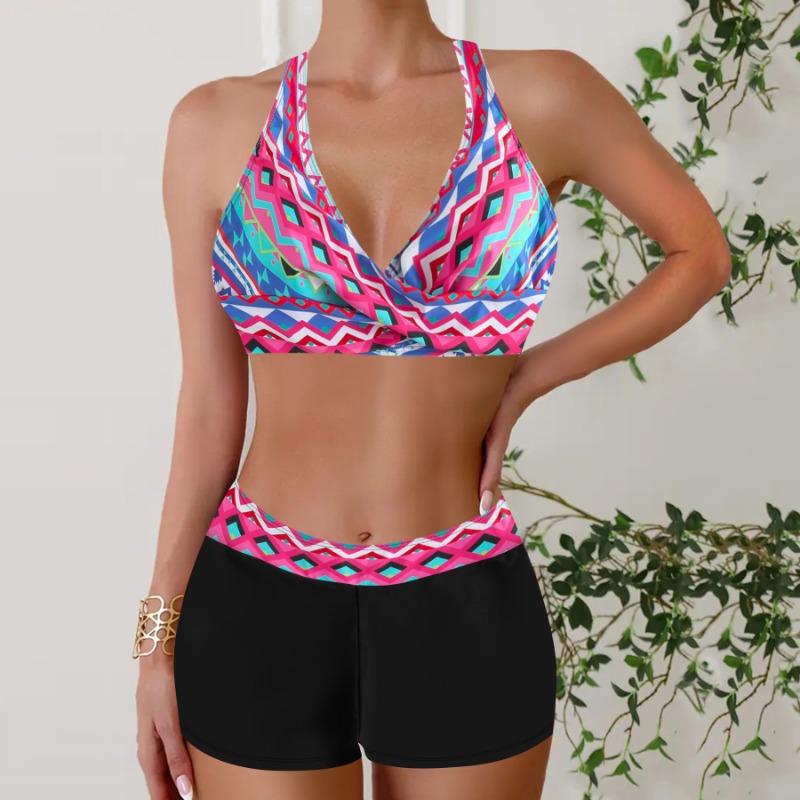 Women's Striped Cross V Neck Two Piece Swimsuit with Shorts