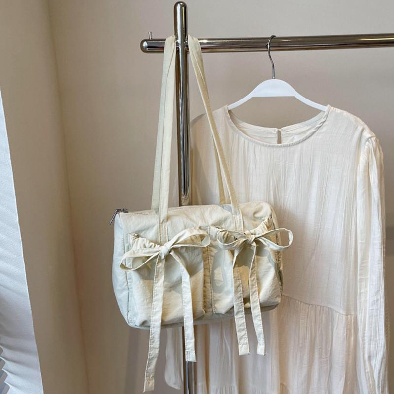 Women's Preppy Style Bow Nylon Shoulder Bag Versatile Solid Color Zipper Sweet Tote Bag for Commuting & Casual Outings CLE