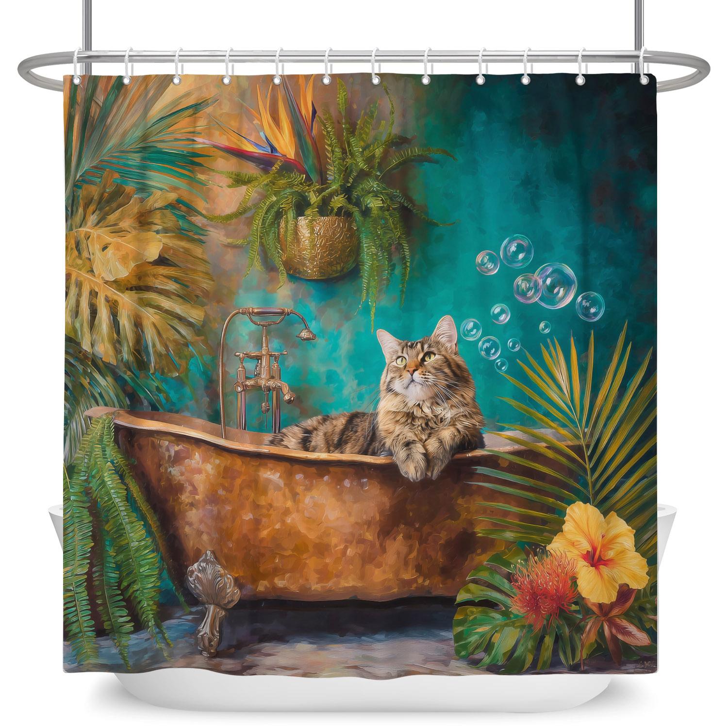 

Adorable Cat In Bathtub Shower Curtains Playful Animal Design Waterproof Bath Curtain For Bathroom Decor Polyester With 12 Hooks W60H190(CM)-1 Pcs
