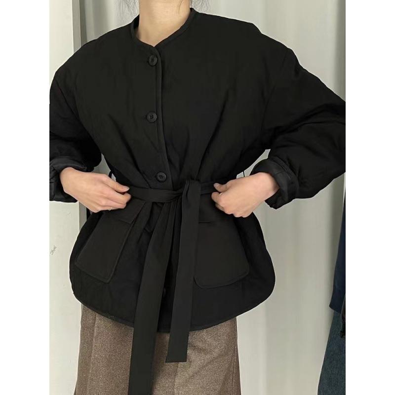 Button Down Parkas for Women Fall Winter  New Fashion Long Sleeve Lace Up Jacket Casual Pockets O Neck Chic Coats