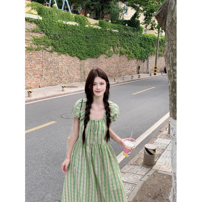 

Women s Summer Green Plaid Dress with Bubble Sleeves - Loose Fit Cotton Linen for Beach Vacations Large