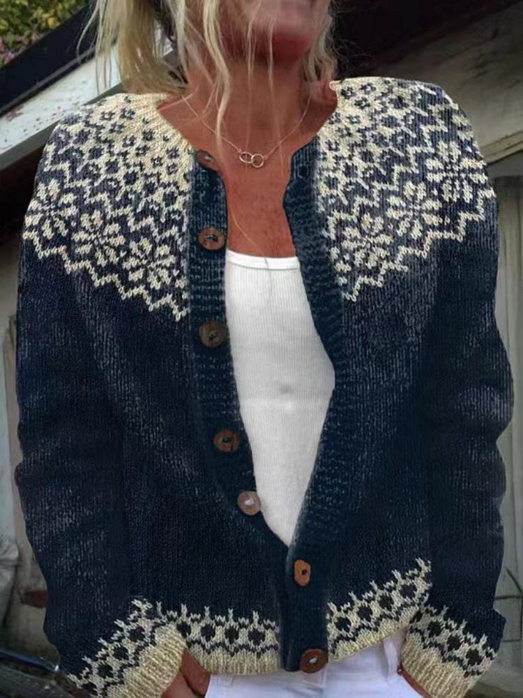 Women's Pink V-Neck Knit Cardigan with Jacquard Floral Pattern