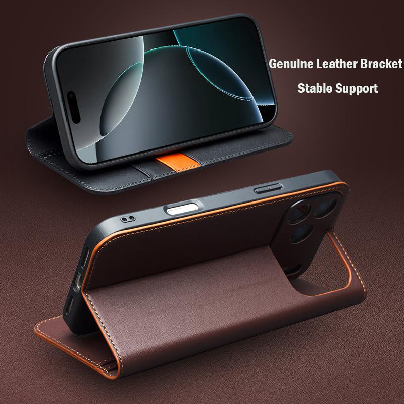 Case for IPhone 17 Pro Genuine Leather Flip Bracket Handmade Business Cover with Card Slots for IPhone 17 Pro Max/17Air
