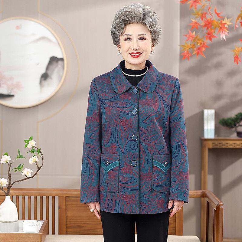 

2026 Elegant Printed Jacket for Middle-Aged & Elderly Women - Spring/Autumn Plus Size Loose Top 2XL (105-120 Jin) синій