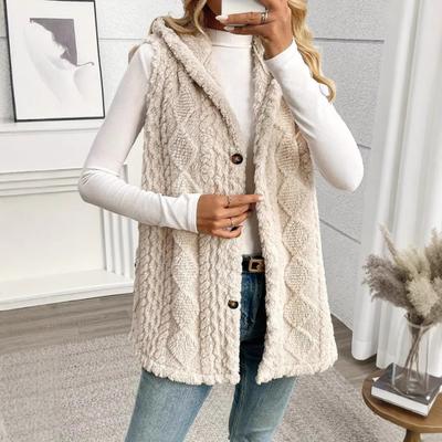 Casaco com Capuz Sem Mangas Feminino Botões Pelo Sintético Peludo Casaco Oversized Texturizado Colete com Capuz Outwear de Outono