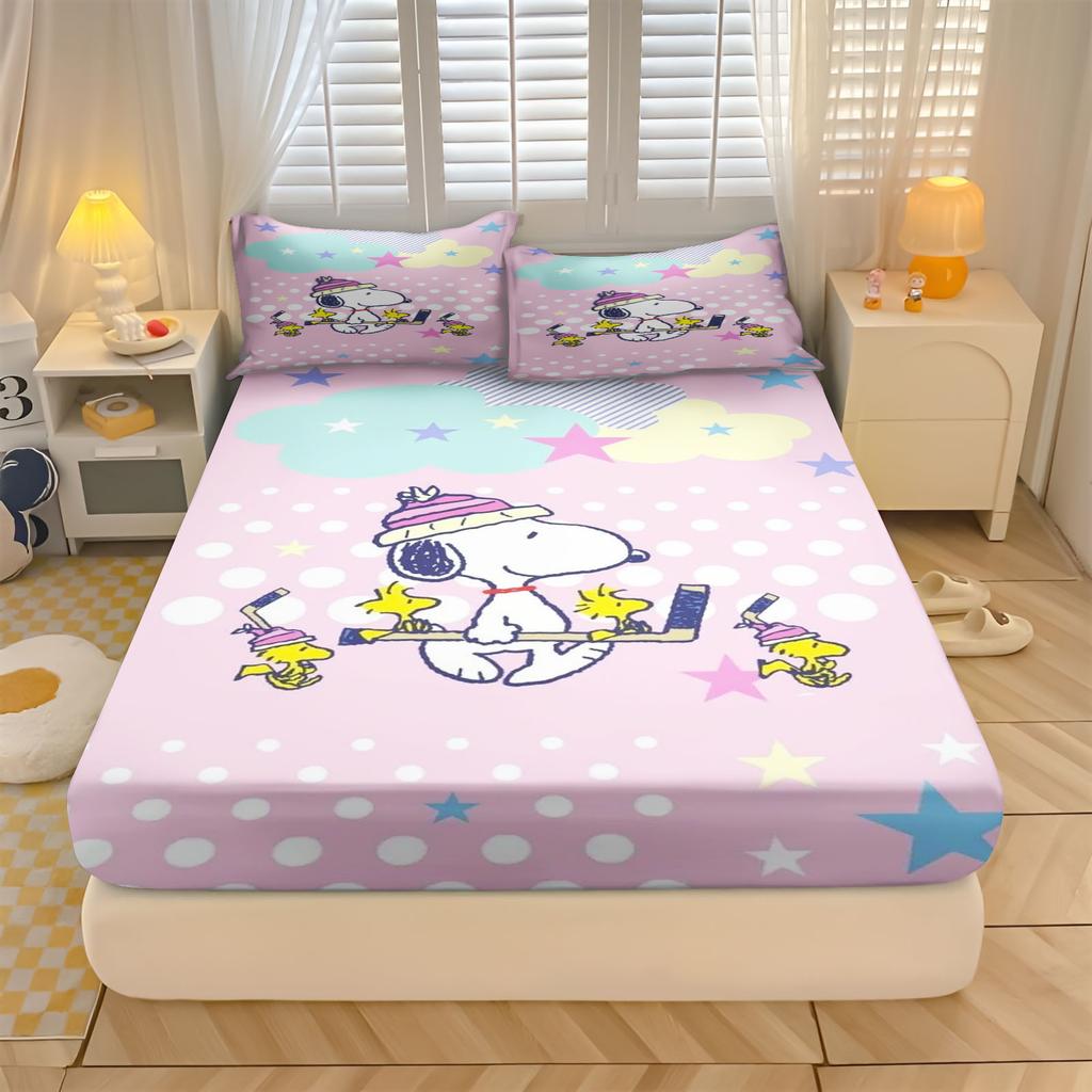 Snoopy  With Pillowcase Fitted Sheet 3D Children'S Bedding Set  Polyester 2/3Pcs Comforte Bed Cover Full Set