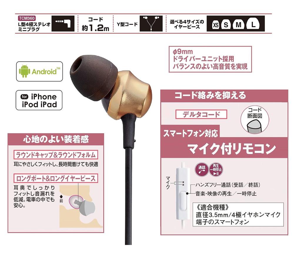 Panasonic In-Ear Earphones, Smartphone/iPhone Compatible, Gold, RP-TCM360-N