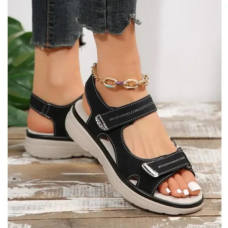 Nové značkové háčkované sandály pro ženy Summer Leather Lehké ležérní boty na klínku na platformě Modré dívčí venku protiskluzové plus vel. 43