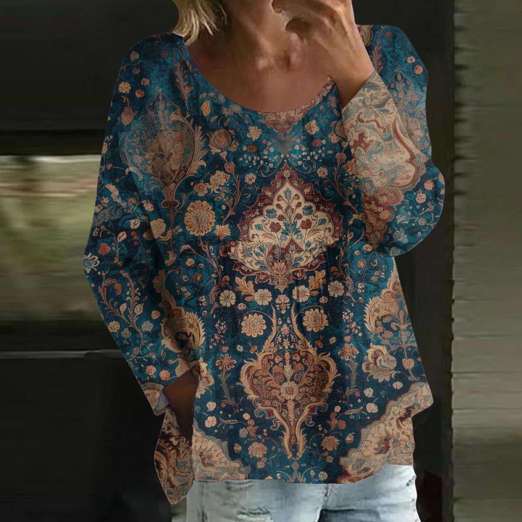 Damen Casual Mode Locker Rundhals Blumenmuster Langarm Oberteil