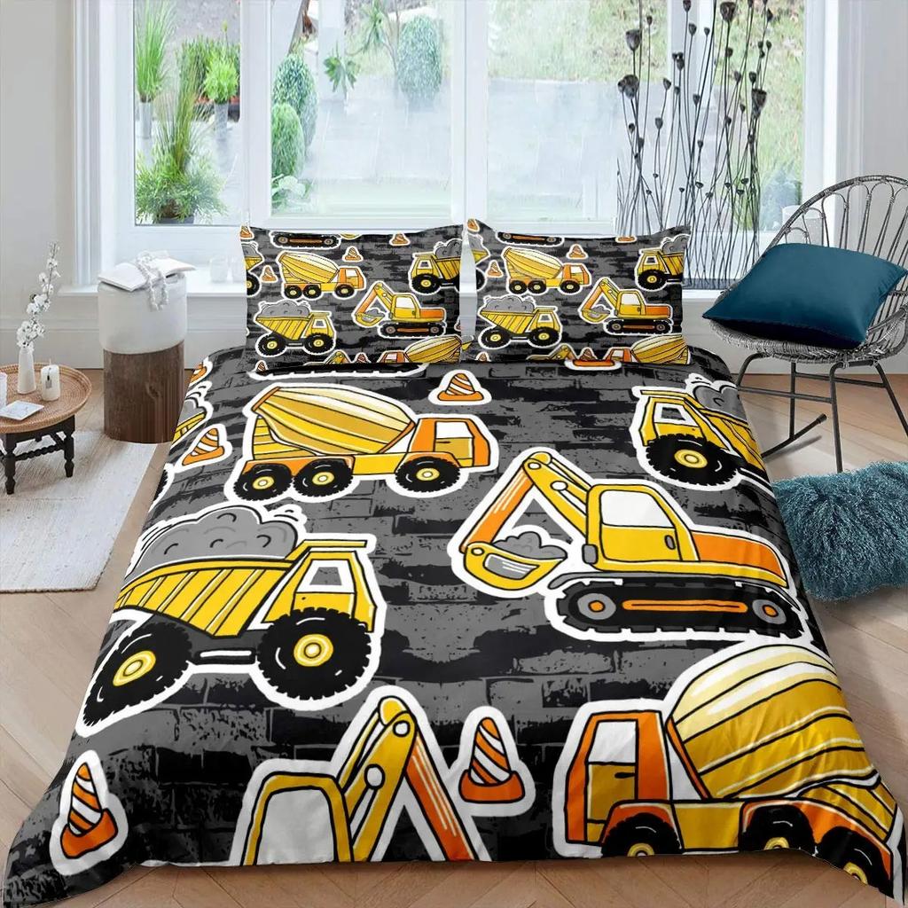 Excavator King Queen Duvet Cover Cartoon Construction Truck Bedding Set for Kids Boys Girls Tractor 2/3pcs Polyester Quilt Cover