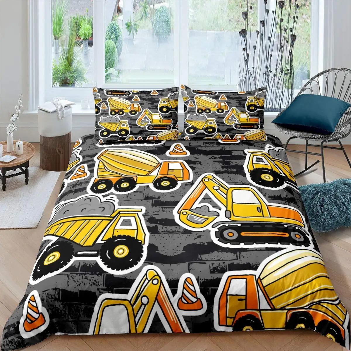 Graafmachine Koningin Dekbedovertrek Cartoon Bouwtruck Beddengoedset voor Kinderen Jongens Meisjes Tractor 2/3 stuks Polyester Dekbedovertrek 70x133cm