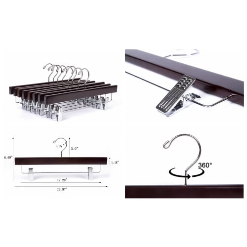 Amber Home Wooden Pants and Skirt Hangers, Set of 10, for Pants and Slacks, Shape-Retaining, Non-Slip, Adjustable, Strong Clips, Wrinkle-Resistant, Ro