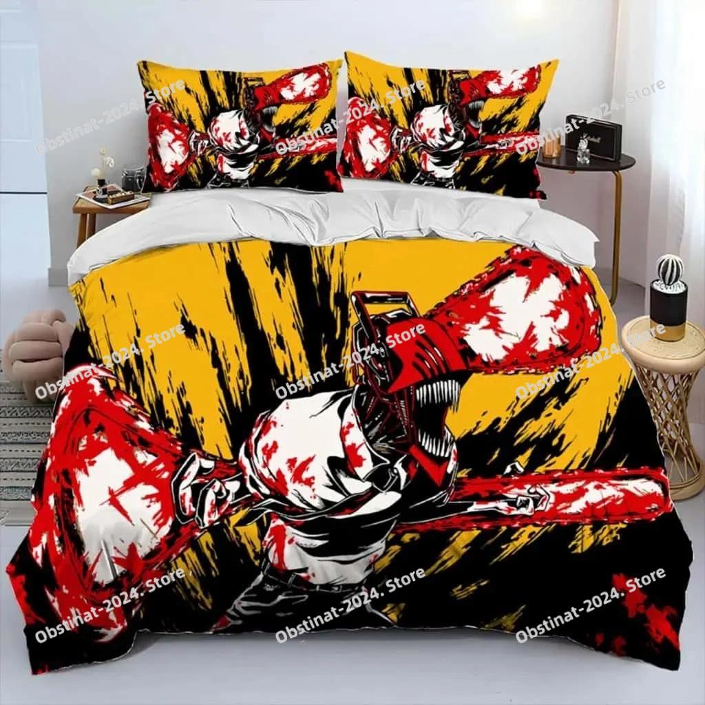Juego de cama edredón de dibujos animados 3D Anime Chainsaw Man Denji, funda nórdica juego de cama funda de edredón funda de almohada, juego de cama tamaño king queen