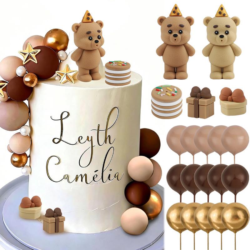 19Pcs/set Bear Balls Cake Toppers Teddy Theme Kids Happy Birthday Party Cake Dessert DIY Decoration Baby Shower Decor Supplies