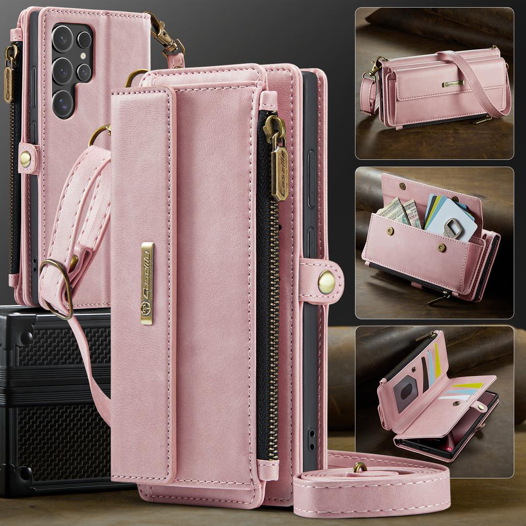 CASEME C39 Series For Samsung Galaxy S25 Ultra Case RFID Blocking 9 Card Slots Zipper Wallet Stand Leather Cover with Strap