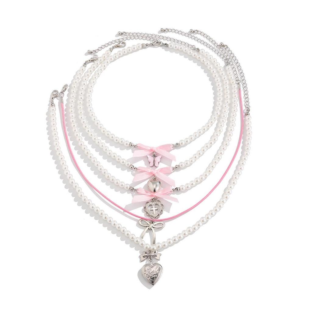 Sweet Love Pendant Necklace: Multi-layer Alloy with Cute Pearl Beaded Clavicle Chain