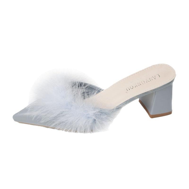2024 Autumn New Foreign Trade Large Size Fine Heel Cool Slippers One-word Drag Bag Head Wear High Heel Slippers