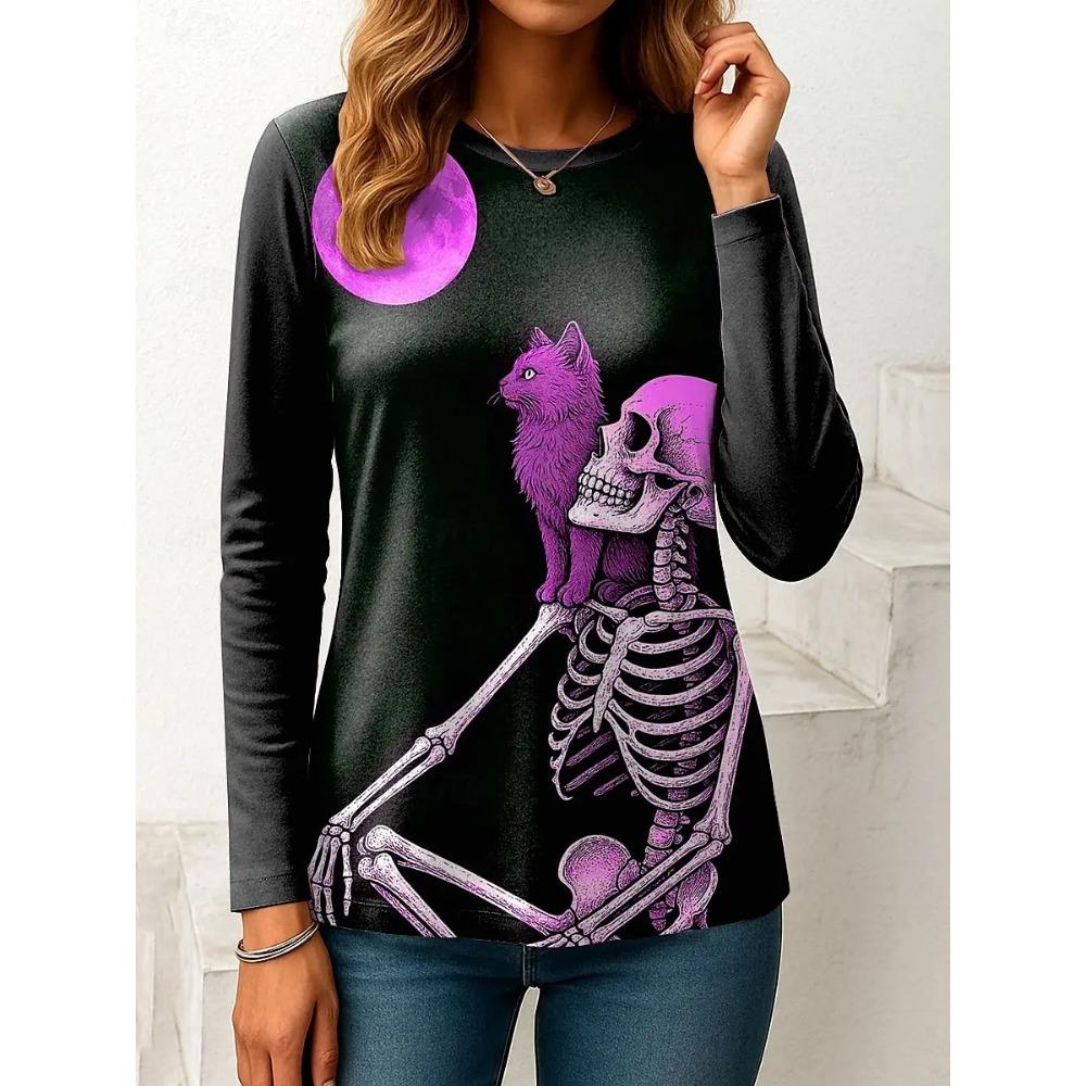 Women's Halloween 3D Printed Skull Long Sleeve T-shirts Autumn Loose Casual Round Neck Fashion Top