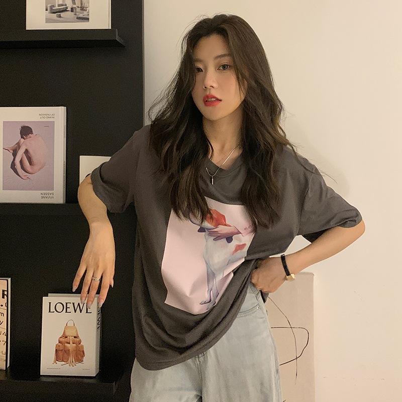 Pure cotton, Korean version of summer new loose casual cartoon printing medium and long short-sleeved t-shirt women's tide