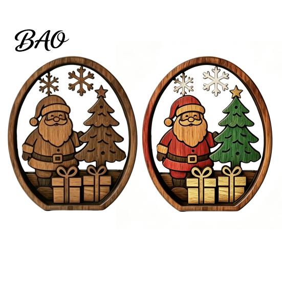 Rustic Xmas Tabletop Decor 3Pcs Christmas Santa Claus And Tree Ornaments, Wooden Oval Table Boxwood Ornaments Centerpiece, Solid Wood Desktop Ornament