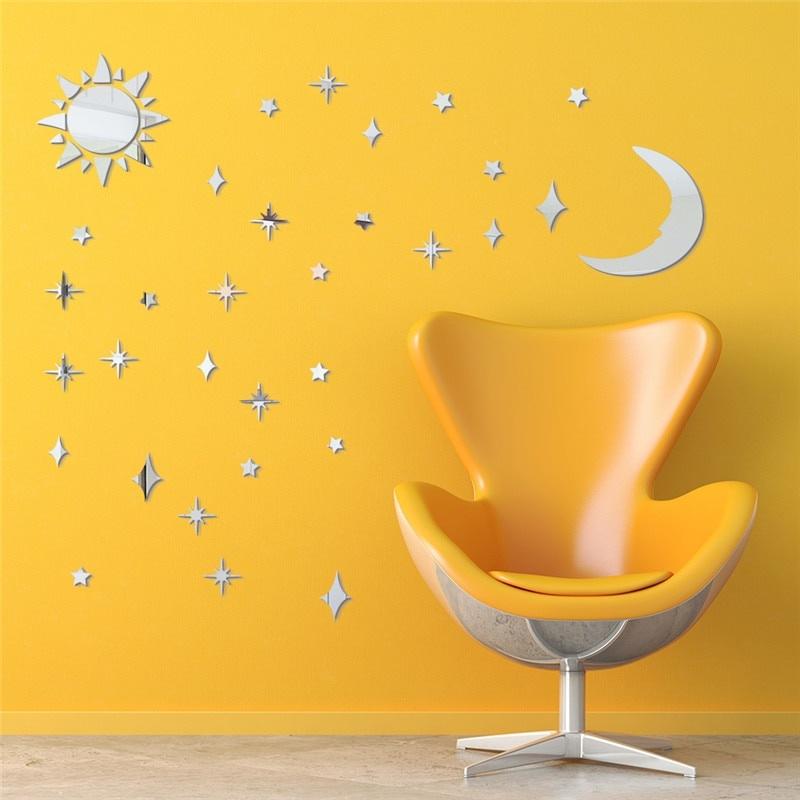 Sun Moon Stars DIY Acrylic Mirror Wall Stickers 3D Wall Stickers For Kids Rooms Decor