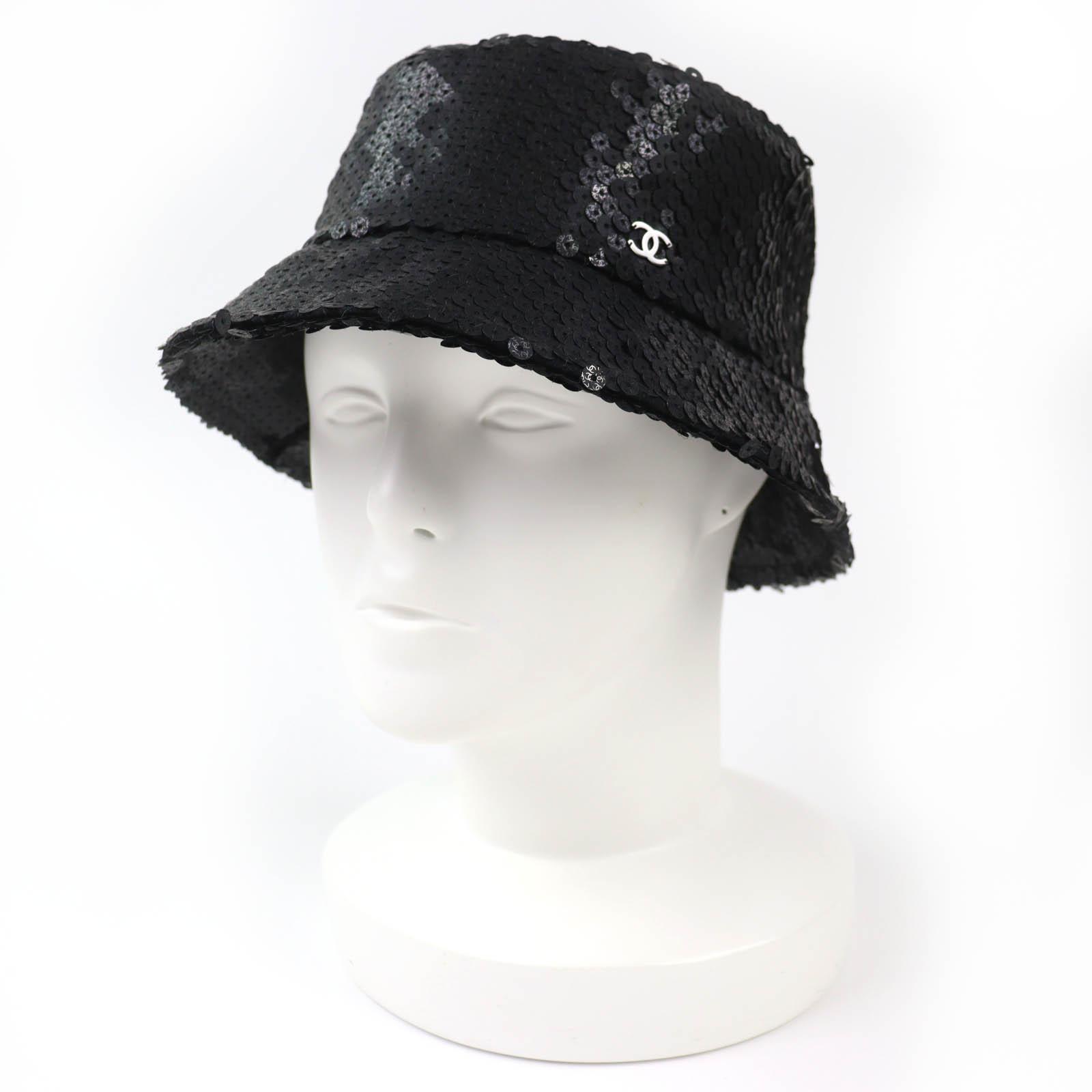 

Great CHANEL hat COCO Mark logo sequin design black polyester Women M 23C Used