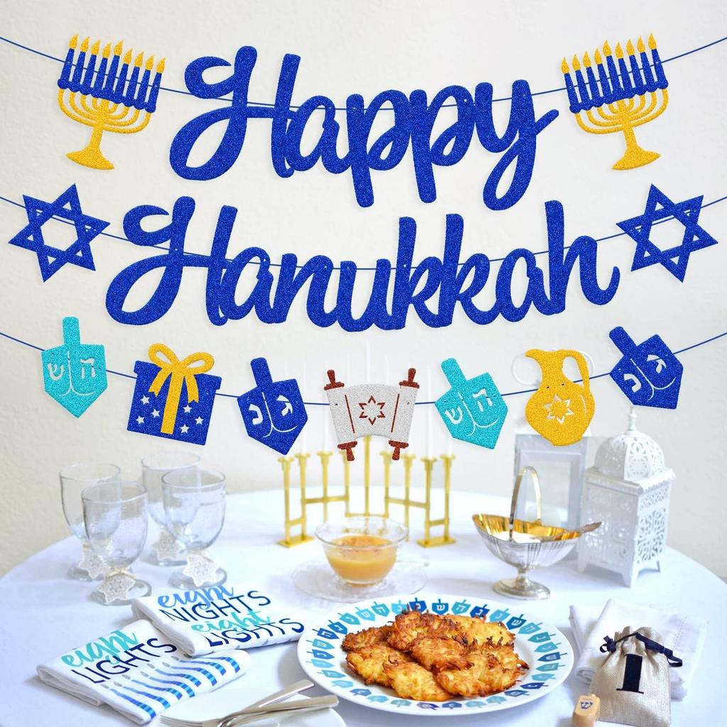 Happy Hanukkah Banner Chanukah Hanukkah Holiday Theme for Festival Wedding Baby Shower Birthday Party Supplies Glitter Blue Decorations