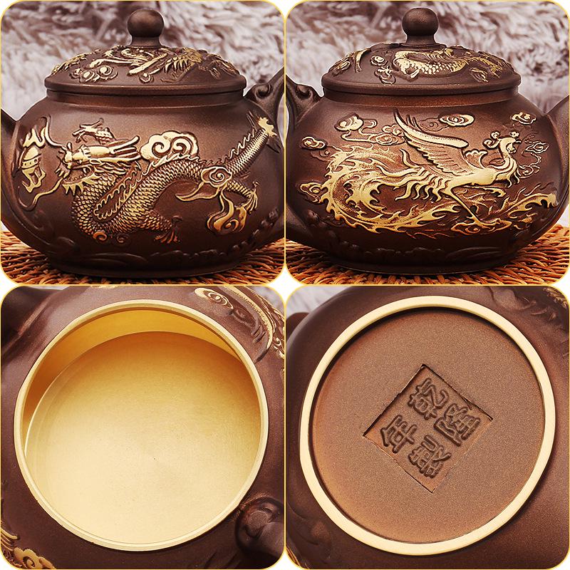 Brass Dragon & Phoenix Teapot Set: Elegant Tea & Coffee Table Décor