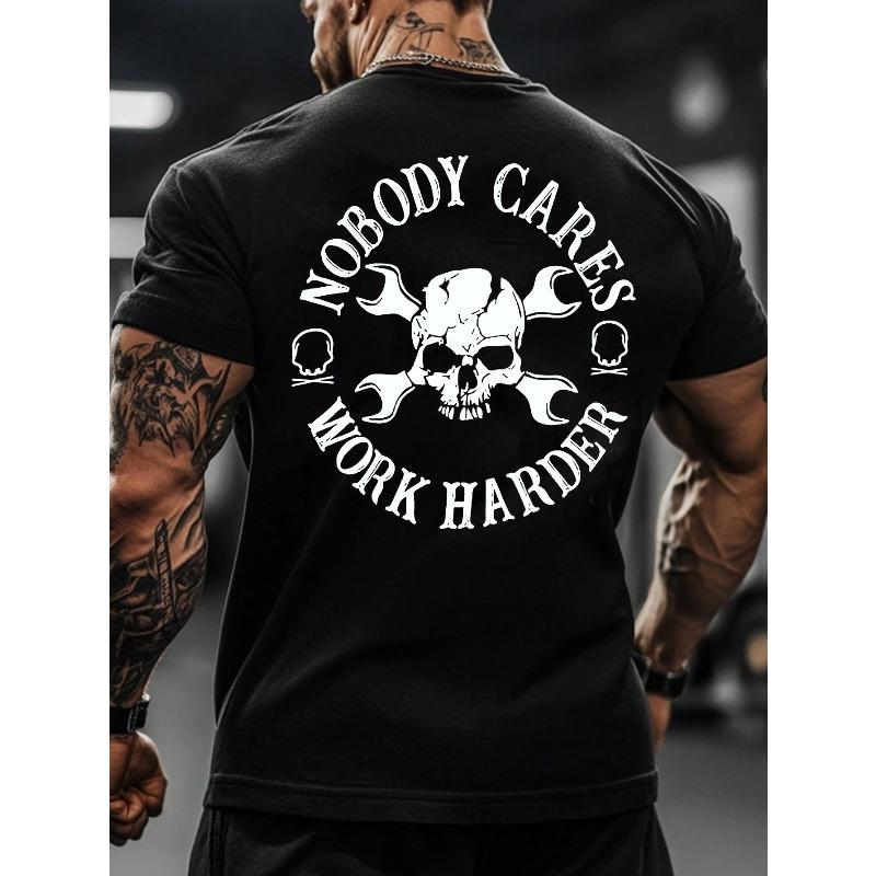 Мужская новая спортивная повседневная футболка Весна/Лето - Легкая и удобная, с графикой  НИКТО НЕ ЗАБОТИТСЯ, РАБОТАЙ УСЕРДНЕЕ  Череп со гаечным ключом, Удобная для занятий спортом S чёрный