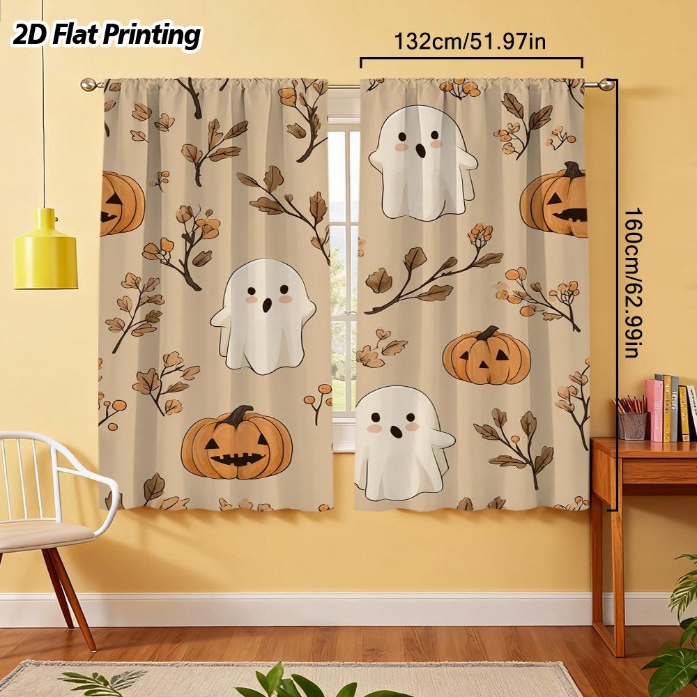 2PCS Halloween Fall Curtains, Ghost Pumpkin, Digital Print, Bedroom Living Room, Office, Kitchen, Bathroom, Rod Pocket