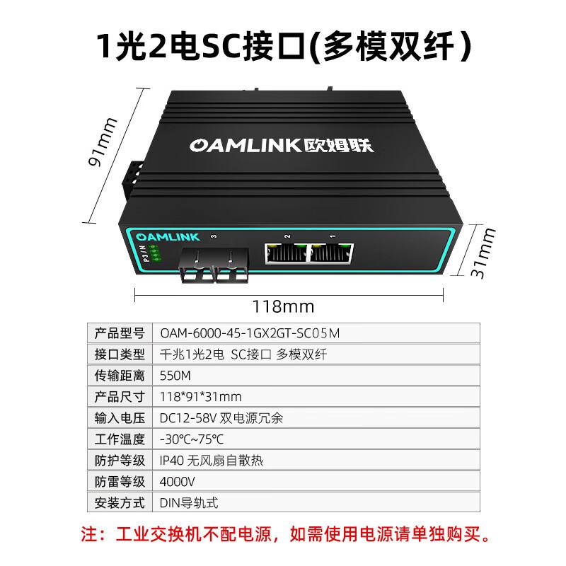 OAMLink Industrial 1-Fiber 2-Ethernet Port Media Converter