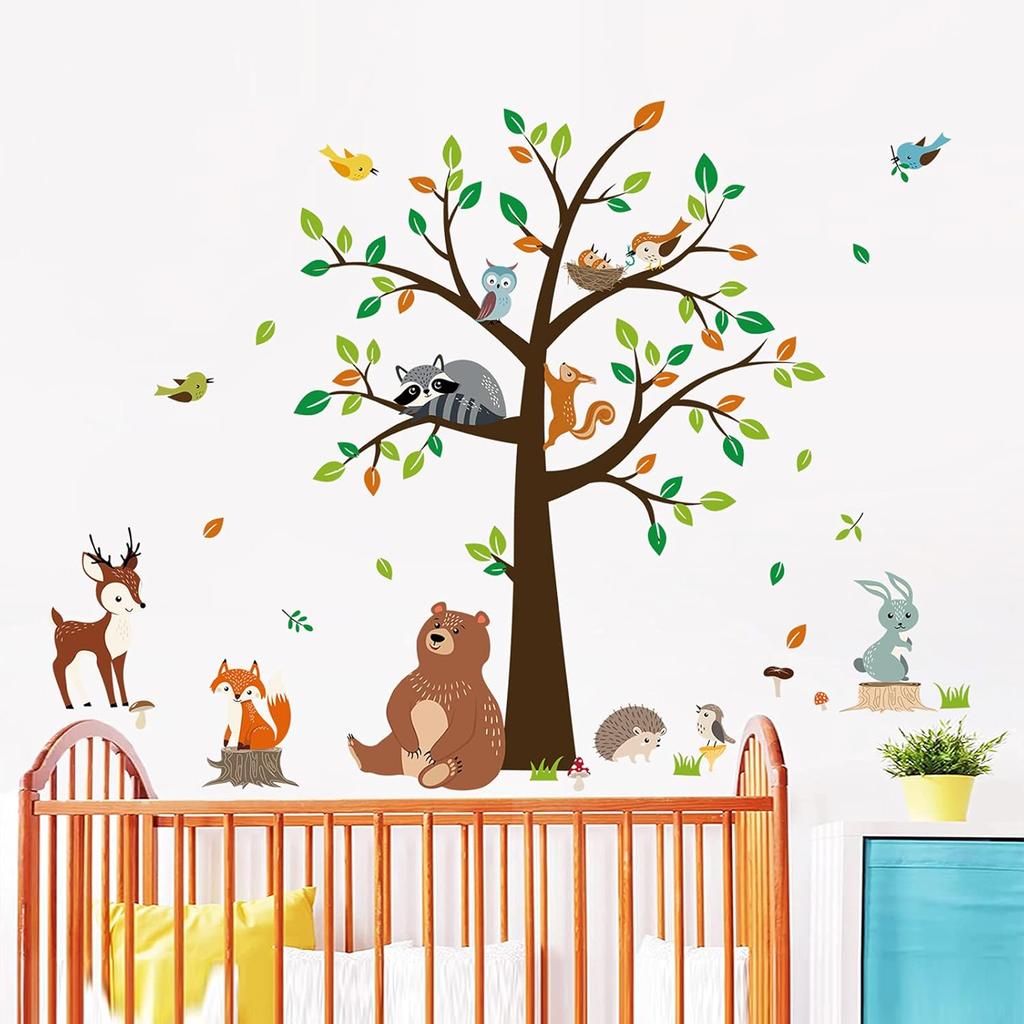 decalmile Woodland Animal Tree Wall Decals Bear Fox Deer Wall Stickers Kids Baby Nursery Bedroom Playroom Wall Decor