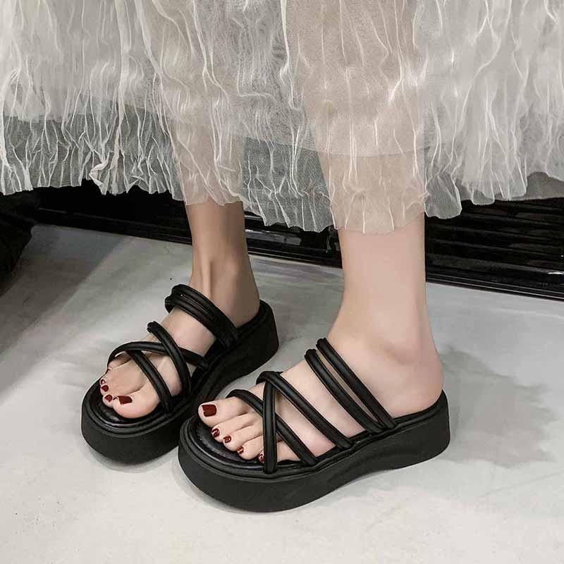 Fashion Soft Sole Platform Sandals New Summer Round Toe Open Cross Strap Comfortable Platform Anti-Slide Heel Slippers