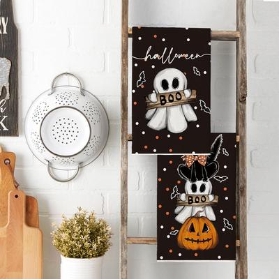 2PCS Black Cat Pumpkin Ghost Halloween Kitchen Towels Dish Towels, 40*60cm Reusable Absorbent Hand Towels for Kitchen Bathroom