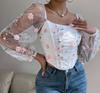 Damen Netz-Korsett-Top mit langen Ärmeln, doppelter Stäbchenverstärkung und Stickerei-Blumenmuster - Vintage für Party, Kostüm, Alltagsmode