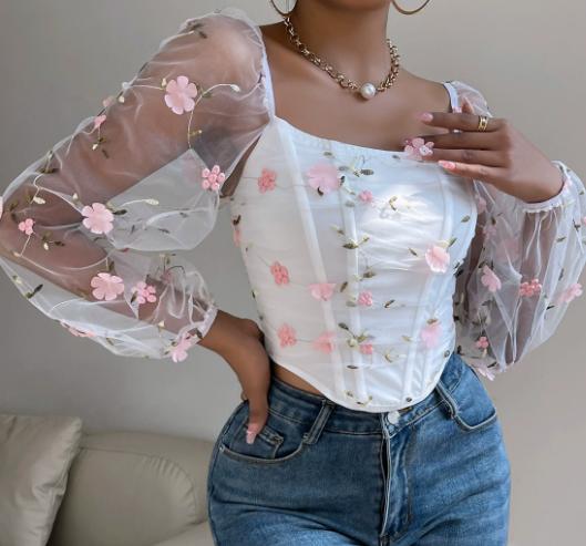 Damen Netz-Korsett-Top mit langen Ärmeln, doppelter Stäbchenverstärkung und Stickerei-Blumenmuster - Vintage für Party, Kostüm, Alltagsmode