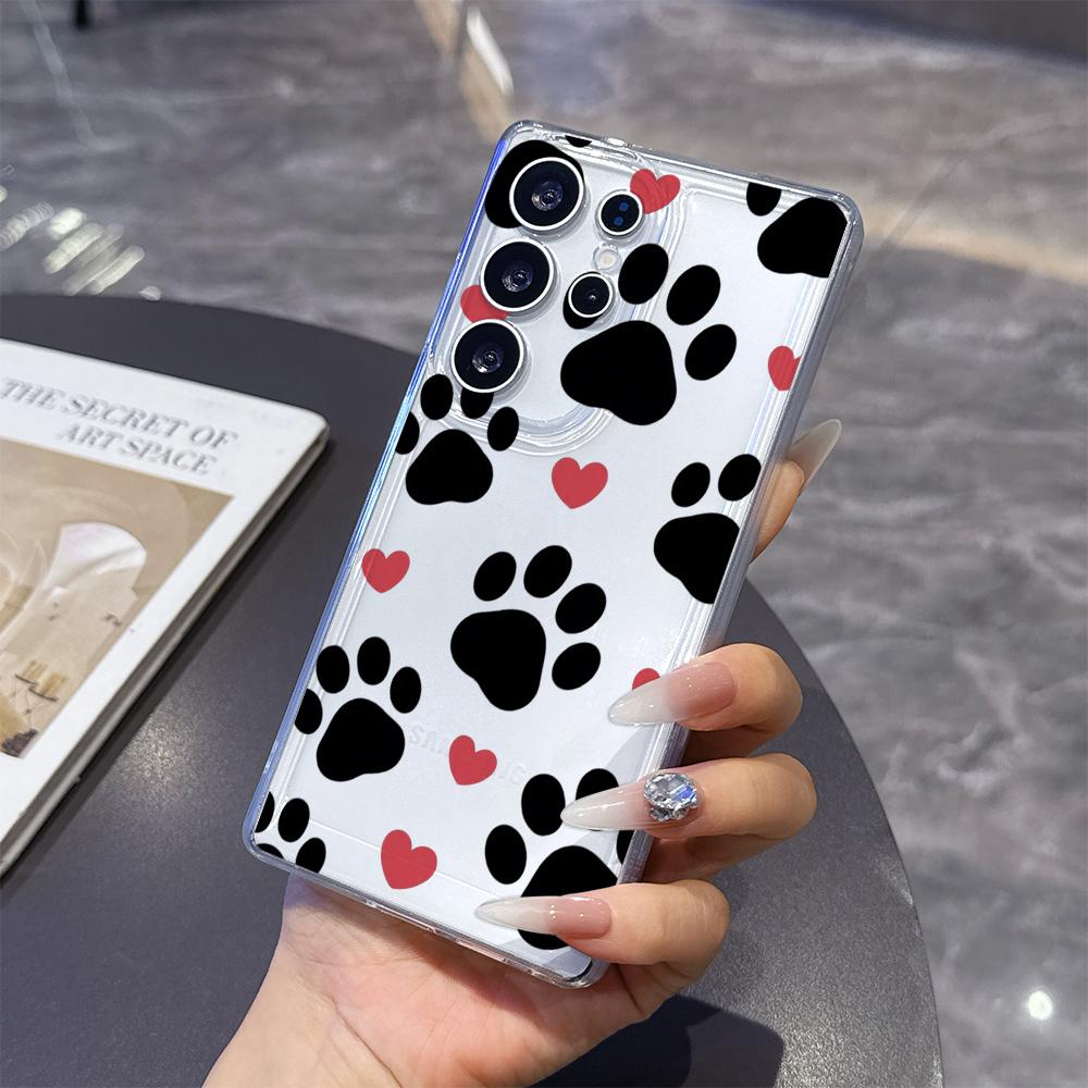 Black Paw Prints with Red Hearts Phone Case for Samsung Galaxy S26 S25 S24 S23 S22 S21 S20 FE Plus Lucency TPU Protection Cover
