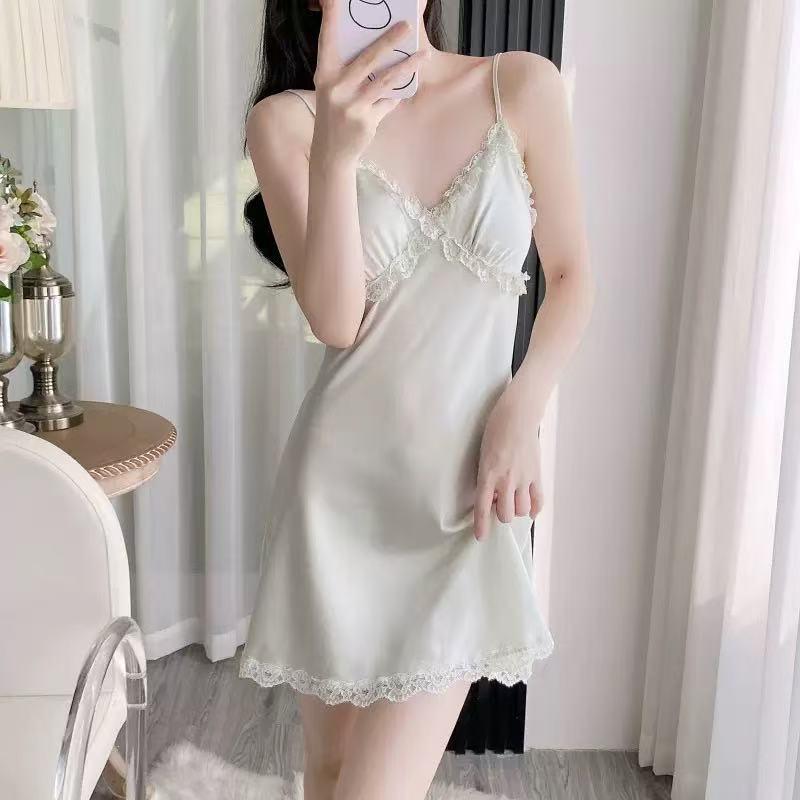 Ice Silk Lace Hem Camisole Nightgown with Chest Pads - Sexy Summer Pajamas for Women