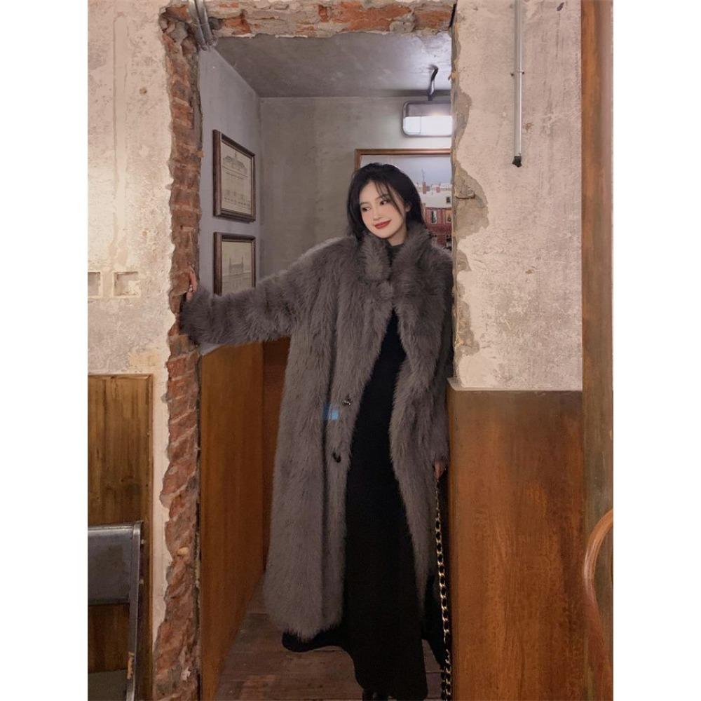 Módní dámský kabát Prodloužená verze Kožešinový límec Nad koleno Nový Podzimní a Zimní Vysokoškolský styl Teplý prošívaný kabát