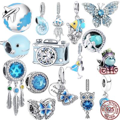 Modrý 925 Sterling Silver korálek Šumivá sova Papoušek Butterfly Jednorožec Visací přívěsek Náramek DIY Šperky Dárek