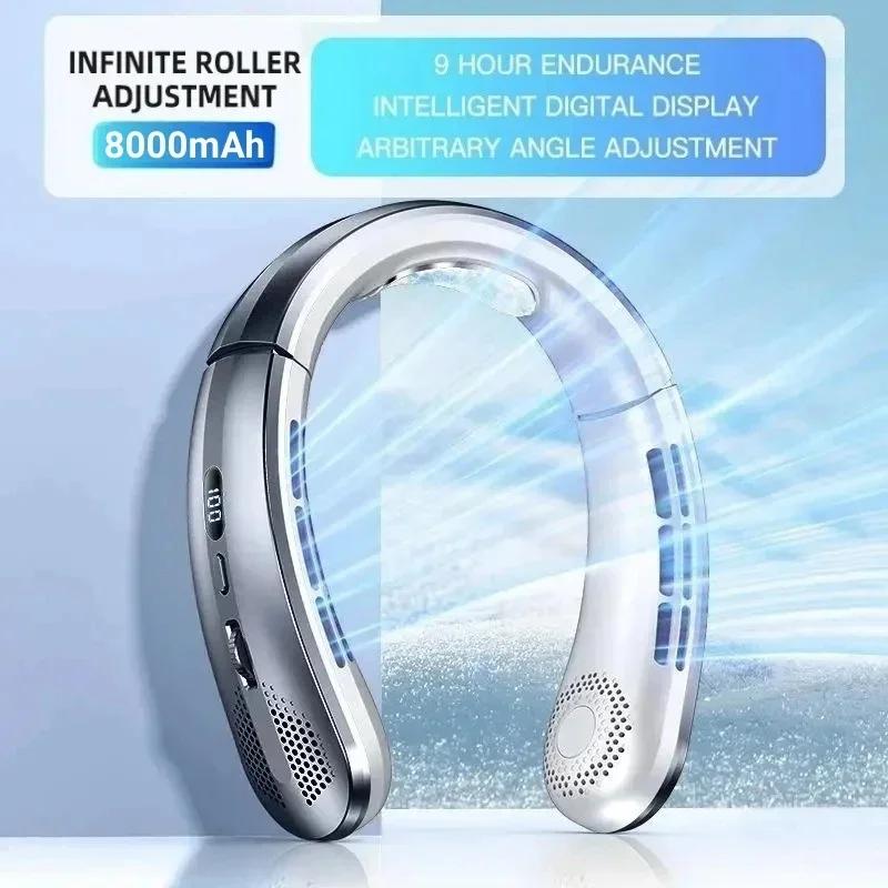 8000mAh USB Hanging Neck Fan Portable Bladeless Mini Rechargeable Mute LED Digital Display Electric Air Cooler Handheld