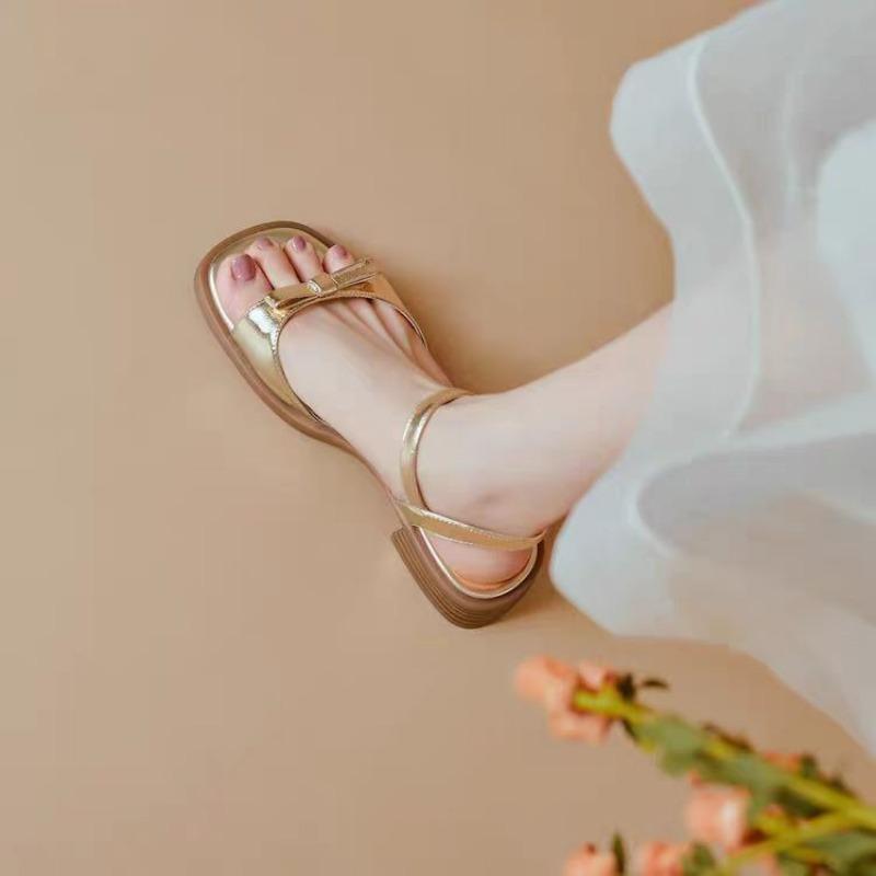 

Fashion Bow shaped buckle strap sandals for women with flat soles and thick heels. 2025 Summer New Versatile Fashion Gold Silver 35