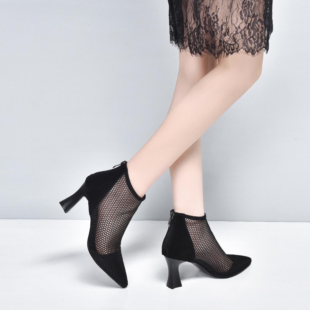High heels women's 2025 spring new breathable mesh pointed stiletto women's shoes net boots rear zipper fashion Roman boots