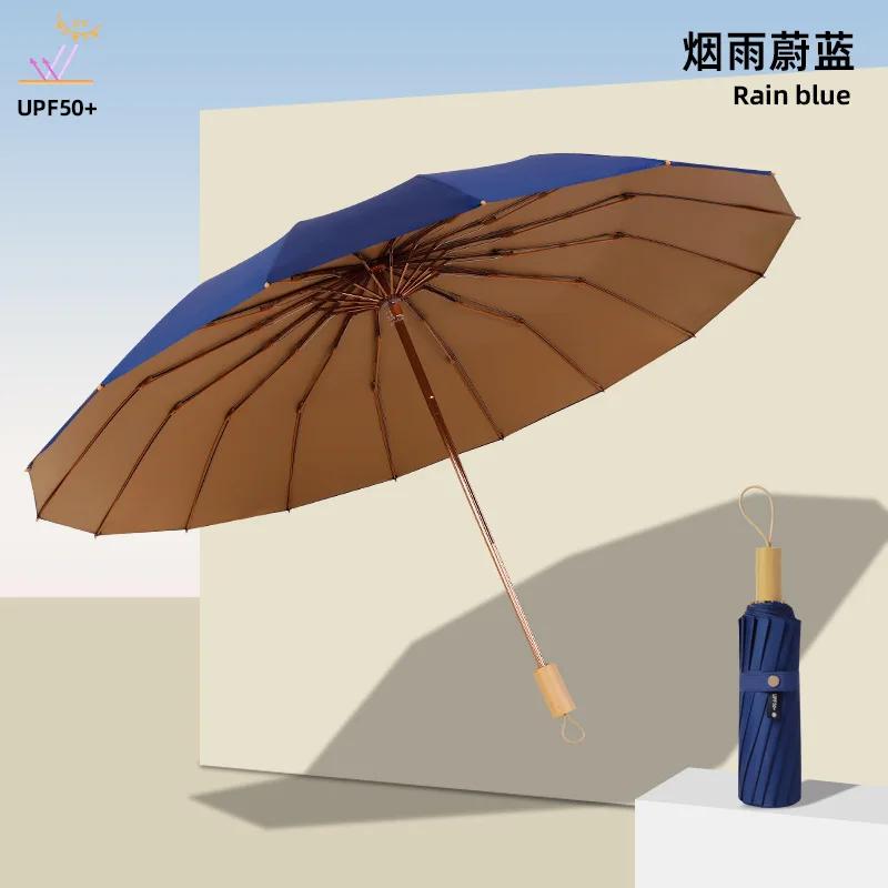 

16 Ribs 3 Fold Sun Umbrella Windproof UV Protection Parasol Compact For Women All Weather Travel Iron&16K