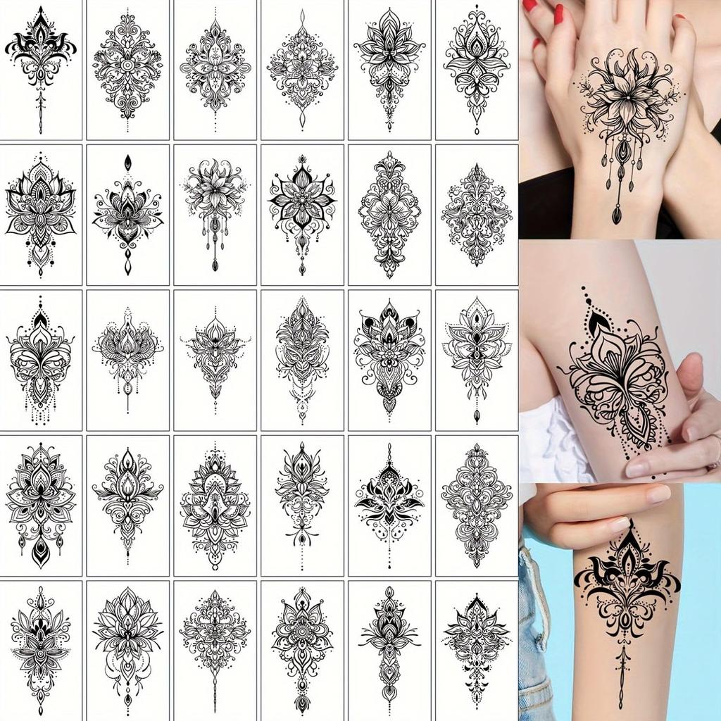 S.A.V.I 30 Pcs Black Temporary Tattoo Stickers for Women & Girls | Safe Non-Toxic Waterproof Mehndi Style Body Art | 9.7x5.7 cm Floral Mandala Desig